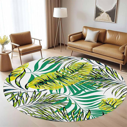 Tropical Round Rug 4ft, Watercolor Palm Leaves Pattern Low Pile Circle Carpet, Non-Slip Washable & Non-Shedding Indoor Mat for Bedroom, Entrance, Office Decor