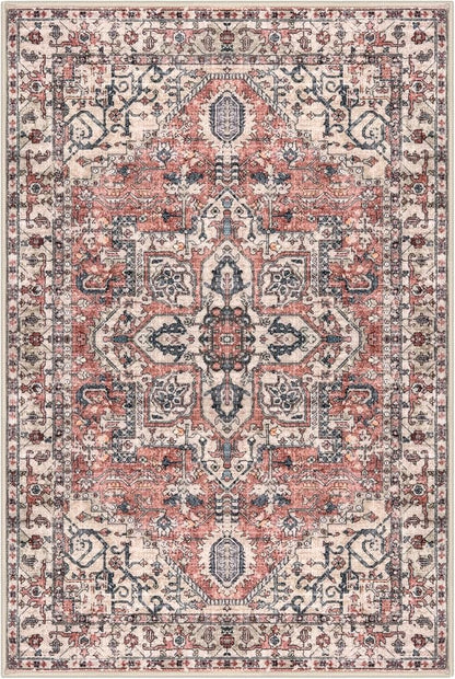 KOZYFLY Small Area Rug 2x3 Ft Rugs for Entryway Washable Boho Entry Rug Non Slip Door Mat Indoor Entrance Faux Wool Vintage Printed Kitchen Rug Throw Rugs for Entrance Kitchen, Terracotta/Beige