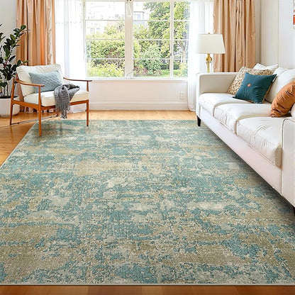 WITSHOCK Living Room Area Rugs 6x9：Modern Abstract Machine Washable Large Rug for Bedroom Dining Room Non-Slip Stain Resistant Home Office Decor,Teal Brown