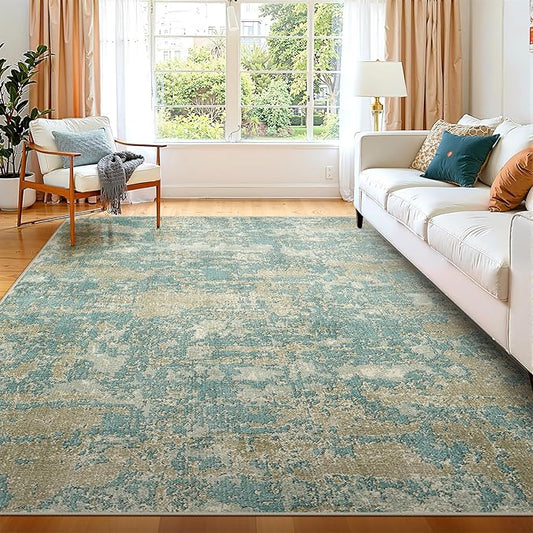 WITSHOCK Living Room Area Rugs 6x9：Modern Abstract Machine Washable Large Rug for Bedroom Dining Room Non-Slip Stain Resistant Home Office Decor,Teal Brown