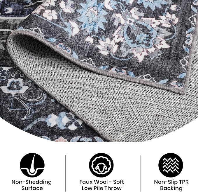 8x10 Area Rugs for Living Room, Machine Washable Non-Slip Low Pile Faux Wool Boho Vintage Carpet, Non-Shedding Large Rug for Bedroom Dining Room Office, Black