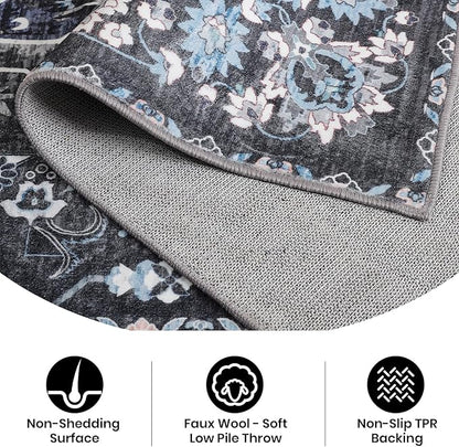 4x6 Washable Rug – Boho Non-Slip Indoor Area Rug for Living Room, Bedroom, Dining Room, Entryway – Black and Ivory with Ice Blue Accents