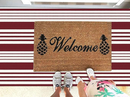 KOZYFLY Striped Outdoor Rug 3x5 Ft Red and White Christmas Front Door Rug Woven Area Rug Washable Doormats Indoor Entrance Mat for Kitchen Entryway Patio Front Porch Holiday Decor