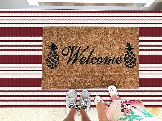 KOZYFLY Striped Outdoor Rug 3x5 Ft Red and White Christmas Front Door Rug Woven Area Rug Washable Doormats Indoor Entrance Mat for Kitchen Entryway Patio Front Porch Holiday Decor
