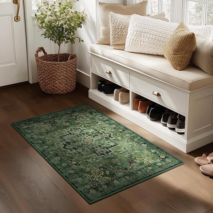 Tranditional Dark Green 2x3 Kitchen Rugs Washable Non Slip, Vintage Boho Distressed Medallion Door Mat Indoor Entrance Entryway, Small Low Pile Rugs for Bedroom/Bathroom Vanity/Laundry Room