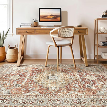 9x12 Area Rug Living Room: Machine Washable Boho Large Vintage Soft Rugs Stain Resistant Farmhouse Oriental Non Slip Indoor Floor Carpet for Bedroom Nursery Kids Playroom Office Dining Room- Red Brown