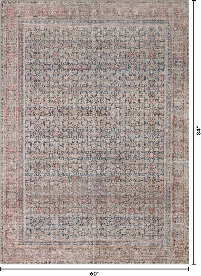 Kuden 5x7 Area Rug, Machine Washable Area Rug with Non-Slip Backing, Vintage Style, Soft, Easy Clean, Low Pile Rug for Living Room, Bedroom, Dining Room
