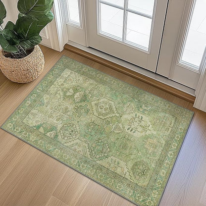 Bavni 2x3 Entryway Rug Bathroom Rugs for Front Door Bedroom Bathroom Kitchen, Washable Vintage Print Carpet, Ultra-Thin Chenille Lightweight Rug with Non Slip Backing, Light Green