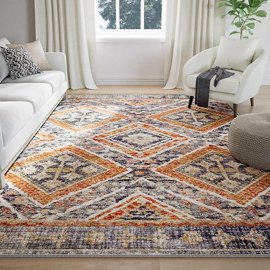 Area Rug 4x6 Rug Machine Washable Non-Slip Low Pile Print Pattern Western Rug for Living Room Bedroom Entryway Tribal Series -Orange/Brown
