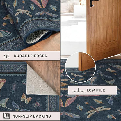 Vintage 2'6"x8' Kitchen Rugs Washable, Non Slip 8ft Long Rugs for Hallway, Stain Resistant Indoor Mats for Entryway, Dark Blue Insect Moth Home Décor, Low Pile & Soft