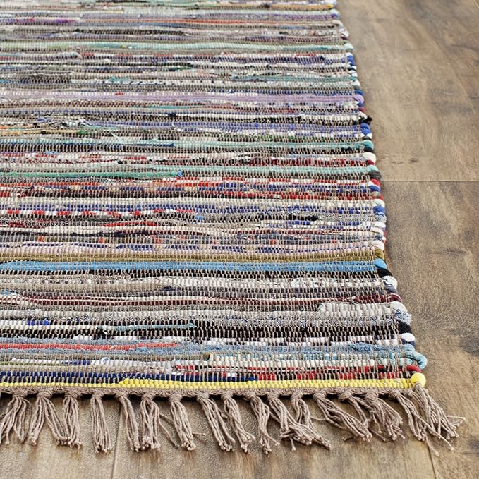 SAFAVIEH Rag Rug Collection Area Rug - 4' Square, Rust & Multi, Handmade Boho Stripe Cotton, Ideal for High Traffic Areas in Living Room, Bedroom (RAR121E)