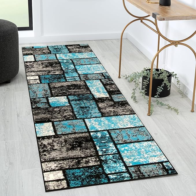 LUXE WEAVERS Modern Geometric Squares 10007 Turquoise 2x7 Area Rug