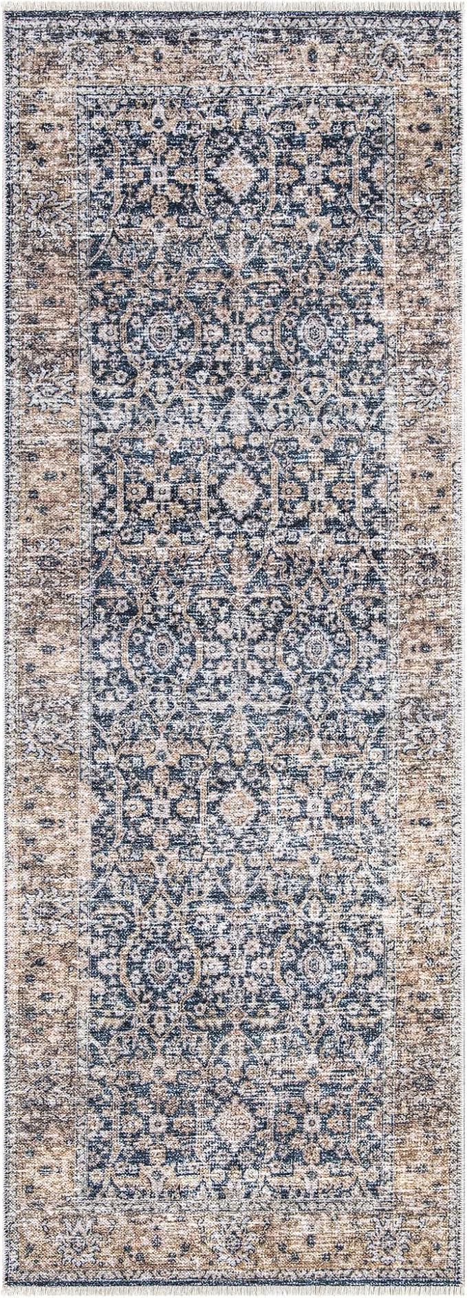 Bloom Rugs Caria Washable Non-Slip 7 ft Runner - Dark Blue/Tan Traditional Runner for Entryway, Hallway, Bathroom, and Kitchen - Exact Size: 2'6" x 7'