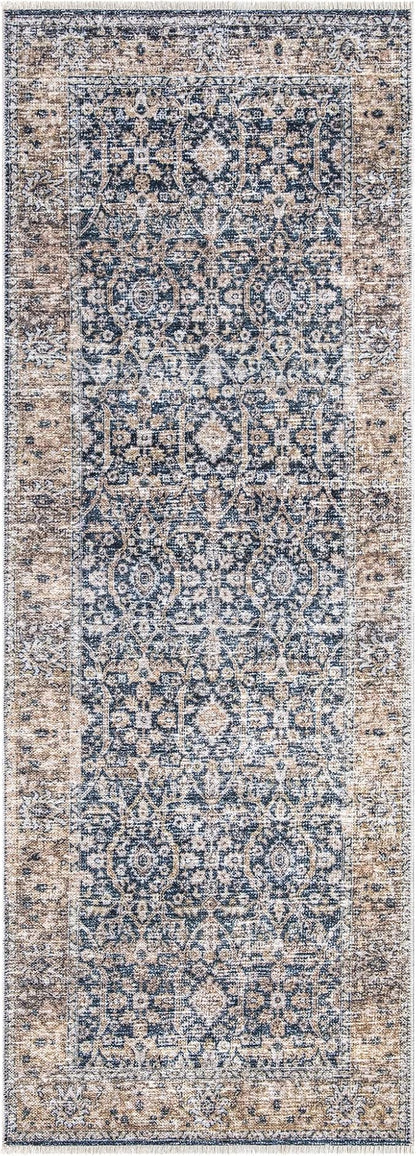 Bloom Rugs Caria Washable Non-Slip 10 ft Runner - Dark Blue/Tan Traditional Runner for Entryway, Hallway, Bathroom, and Kitchen - Exact Size: 2'6" x 10'