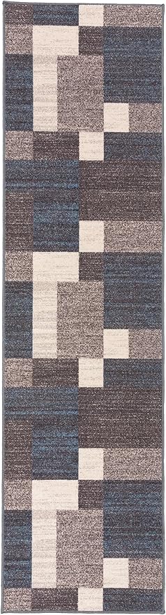 Rugshop Modern Boxes Design Non-Slip (Non-Skid) Carpet for Hallway,Entryway,Kitchen Runner Rug 2' x 10' Blue