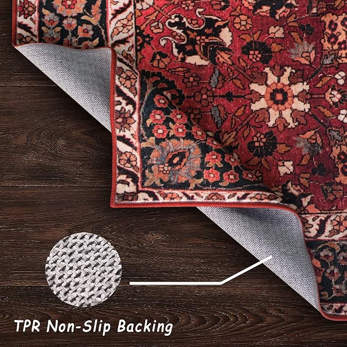 vivorug Washable Rug, Ultra Soft Area Rug 3x5, Non Slip Small Rug Carpet, Stain Resistant Rugs for Living Room Bedroom Entryway, Vintage Floral (Cherry Red/Spice, 3'x5')