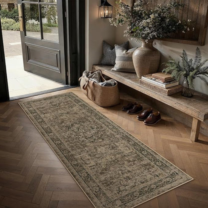 Hallway Runner Rug 2x5 Washable Brown Vintage Distressed Runner Oriental Soft Thin Indoor Carpet Non Slip Low Pile Throw Rug for Kitchen Bedroom Laundry Bedside Entryway