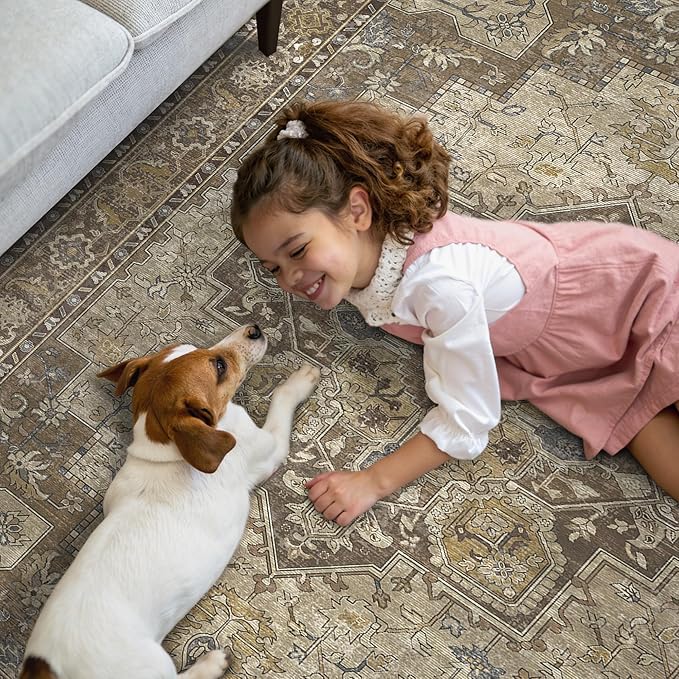 GENIMO 2'6''x6 Runner Rugs for Hallway, Machine Washable Non Slip Vintage Rugs, Low Pile Lightweight Soft Print Rug for enrtyway, Corridor, Home Office, Kitchen, Rustic Brown