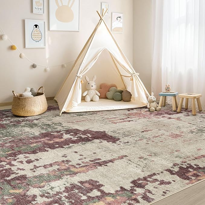 5x8 Area Rug Living Room Rugs - Washable Neutral Modern Abstract Soft Thin Rug Indoor Floor No Slip Rug Carpet for Bedroom Under Dining Table Home Office Decor - Purple/Green/Beige