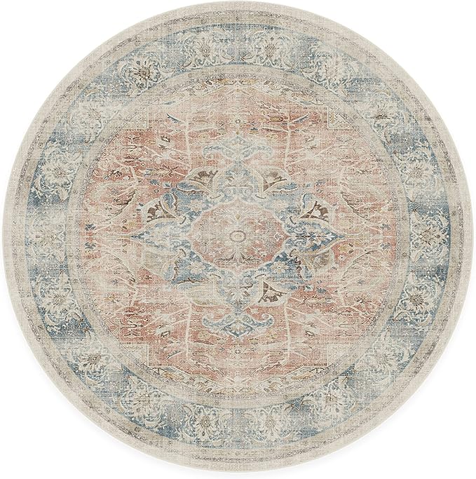 RUGGABLE Washable Vintage Area Rug – Sarrah Coral 6 ft Round, Stain-Resistant, Non-Slip – Medium Machine Washable Rugs for Living Room, Bedroom, Hallway, Entryway & Office–with Cushioned Pad