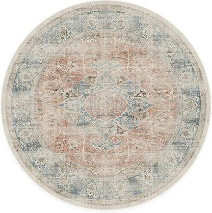 RUGGABLE Washable Vintage Area Rug – Sarrah Coral 6 ft Round, Stain-Resistant, Non-Slip – Medium Machine Washable Rugs for Living Room, Bedroom, Hallway, Entryway & Office–with Standard Pad