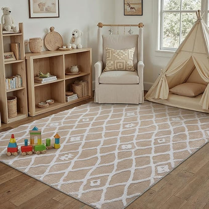 Beige 4x6 Area Rug Moroccan Shag Office Washable Carpet Soft Non Shedding Neutral Boho Doormat Plush Pile Modern Throw Rug for Entryway Kitchen Dining Room Bedroom Living Room