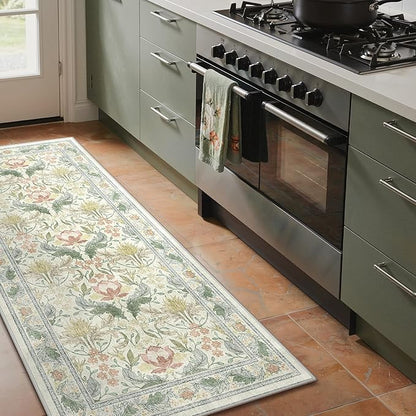 Bavni 2'6''x6 Runner Rug,Microfiber Washable Non-Slip Vintage Floral Rugs,Low Pile Lightweight Carpet for Bedroom,Hallway,Entryway,Kitchen,Bathroom, Beige&Green