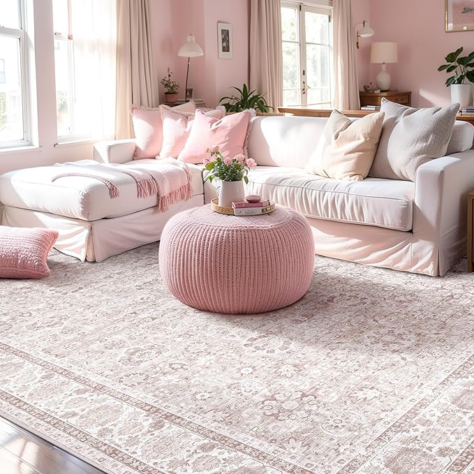 Light Pink 6x9 Rugs for Bedroom Nursery Rug Vintage Aesthetic Cute Boho Floral Washable Area Rug Indoor Carpet for Kids Room Playroom Living Room