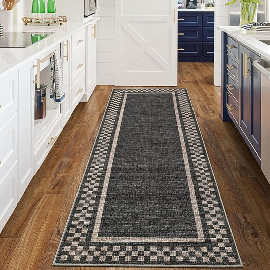 Rug Runners for Hallways 2x8 Washable Kitchen Runner Rug Non Slip Low Pile Bedside Throw Carpet Modern Bordered Bathroom Runners Checkered Area Rug for Living Room Bedroom Entryway Nursery, Black
