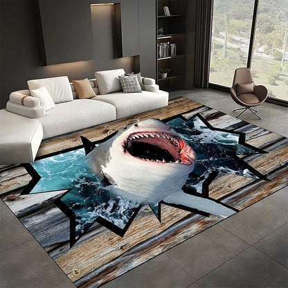 Sea Shark Kids Rugs, 8x10ft, Fierce Shark 3D Printed Carpet for Indoor, Marine Animals Broken Wooden Boards Realistic Effect Floor Mat, Dirty Resistant Machine Washable Carpets for Dorm