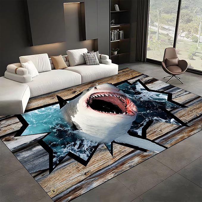 Sea Shark Kids Rugs, 5x8ft, Fierce Shark 3D Printed Carpet for Indoor, Marine Animals Broken Wooden Boards Realistic Effect Floor Mat, Dirty Resistant Machine Washable Carpets for Dorm