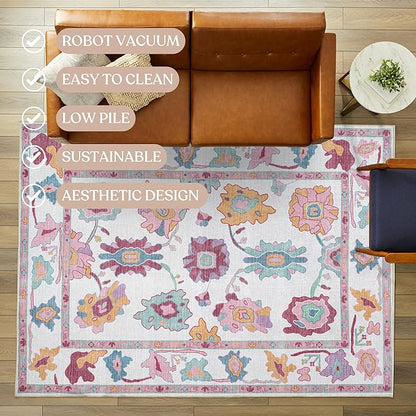 Fame Living Pink Oushak Runner Rug, Modern Runners, Turkish, Eclectic, Floral, Pastel, Washable, Small Throw Rugs, Short Runner for Hallway, Entryway, Laundry, Bedroom, Kitchen, Bathroom, 2'5"x6'5"
