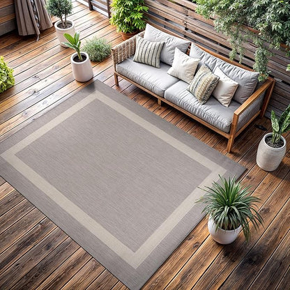 CAMILSON Outdoor Rug 6x9,Modern Outside Rugs for Patios Porches Waterproof Durable Washable Non-Shedding, Easy-to-Clean Indoor Outdoor Area Carpet (6 x 9, Bordered - Gray/White)