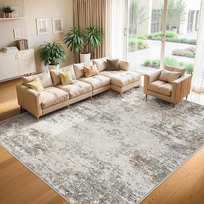 7x9 Washable Area Rugs - Modern Abstract Rugs for Living Room Non-Slip Low Pile Soft Machine Washable Carpet for Bedroom, Dining Room, Nursery, Home Office, Farmhouse (7'x9' Brown Grey)
