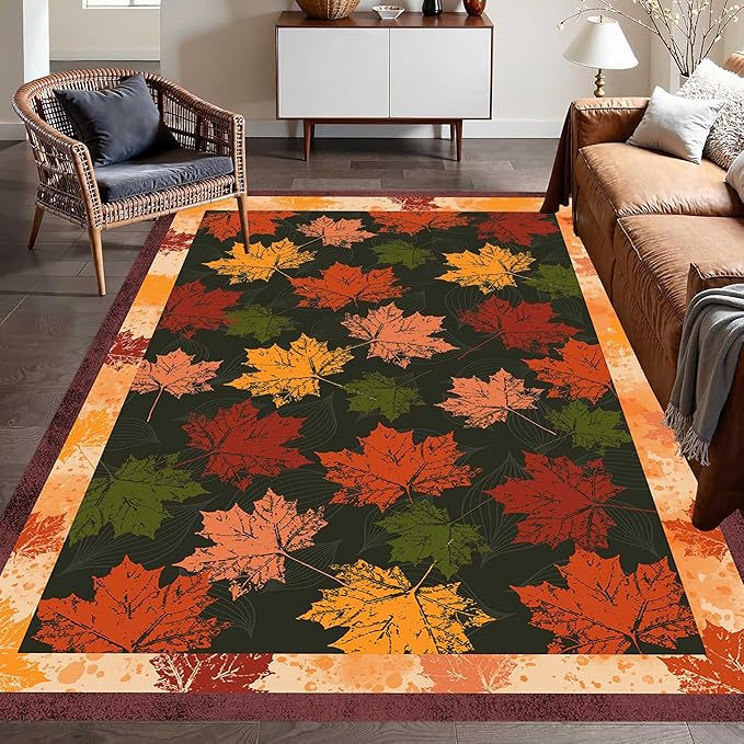 Fall Themed Area Carpet, 5x7ft, Autumn Fallen Leaves Print Pattern Retro Rustic Style Dark Stain Resistant Throw Rug, Low-Profile Non Slip Breathable Floor Mat for Dining Room Laundry