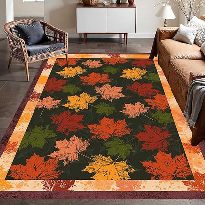 Fall Themed Area Carpet, 4x6ft, Autumn Fallen Leaves Print Pattern Retro Rustic Style Dark Stain Resistant Throw Rug, Low-Profile Non Slip Breathable Floor Mat for Dining Room Laundry