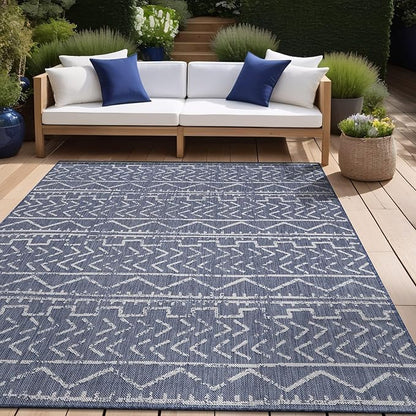 Beverly Rug Waikiki Indoor Outdoor Rug 5x7, Washable Outside Carpet for Patio, Deck, Porch, Trellis Area Rug, Water Resistant, Blue - White