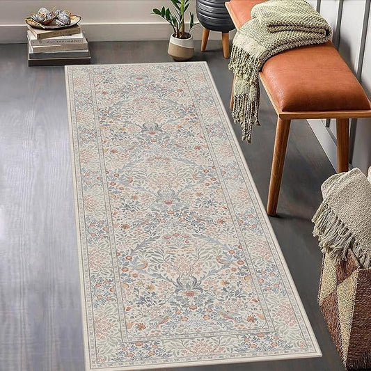 2x6 Floral Washable Area Rugs for Living Room, Vintage Boho Large Rug for Bedroom Dining Room， Distressed Botanical Birds Non Slip Low Pile Forest Animal Throw Carpet for Farmhouse Office, Beige Blue