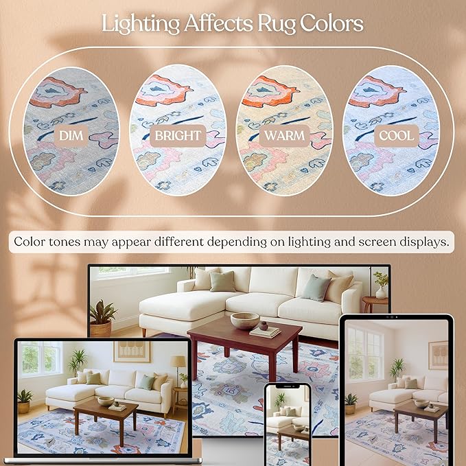 Fame Living Cream Oushak Rug, Modern, Vintage, Turkish, Eclectic, Floral, Pastel, Washable, Oversized, Extra Large Area Rugs for Living Room, Dining, Bedroom, Lounge 9'5"x14'