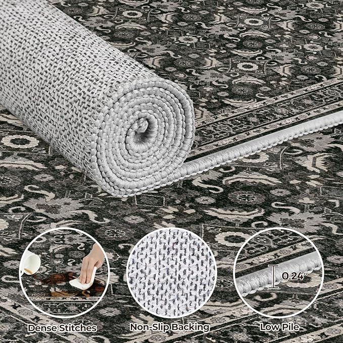 WITSHOCK Black Boho Washable 2x10 Kitchen Runner Rug,Vintage Neutral Hallway Rugs for Entryway,Soft Distressed Floor Mat for Bedroom,Entrance,Indoor Back Door(Black,2x10)
