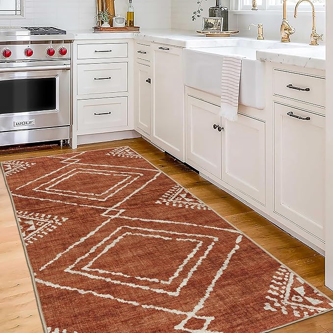 ReaLife Rugs Machine Washable Area Rug Runner - Living Room Bedroom Bathroom Kitchen Entryway Office - Padded Low Pile Stain Resistant Premium - Moroccan Diamond Tribal - Jax - Orange 2'6" x 10'