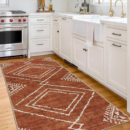 ReaLife Rugs Machine Washable Area Rug Runner - Living Room Bedroom Bathroom Kitchen Entryway Office - Padded Low Pile Stain Resistant Premium - Moroccan Diamond Tribal - Jax - Orange 2'6" x 6'