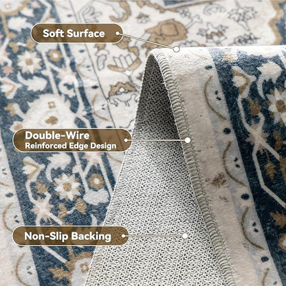 EnHomee 4x6 Washable Area Rugs for Bedroom, Boho Vintage Rugs, Foldable Area Rug for Dining Room, Non-Slip Soft Living Room Rug, Low Pile Large Carpet for Bathroom, Blue and Brown
