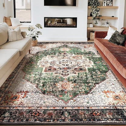 8x10 Area Rug - Green Boho Washable Vintage Low Pile Non-Slip Large Rug for Living Room, Bedroom & Dining Room