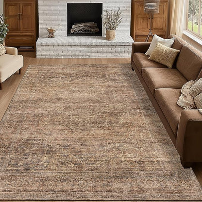 FMFUNCTEX 4x6 Washable Area Rug Neutral Vintage Rust Brown Distressed Non Slip Low Pile Traditional Indoor Carpet for Living Room Bedroom Soft Retro Throw Rug for Dining Office Kitchen Dorm Entryway