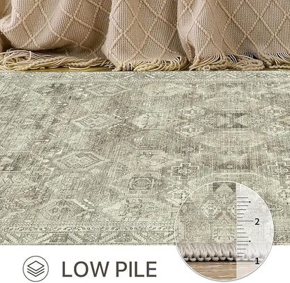 Bavni Area Rug 5x7 Machine Washable Vintage Distressed Print Ultra-Thin Chenille Bedroom Living Room Accent Rug, Low Pile Lightweight Non Slip with Gripper, Forgotten Sandstone