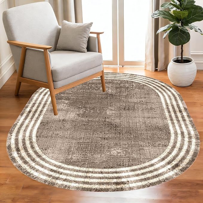 Country Earth Tone Brown Minimalist Distressed Home Office Rugs 5x8 for Living Room Bedroom Diningrooom Machine Washable Soft Thick Area Rug Nursery Dorm Kitchen Oval Geometric Bordered Large Carpet