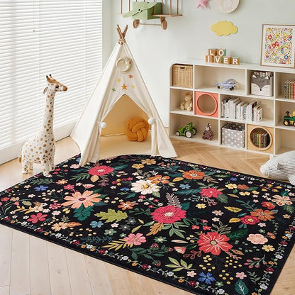 Living Room Rug 8x10 Rug Machine Washable Boho Area Rug Non Slip Floral Vintage Low Pile Large Rugs for Living Room, Bedroom, Farmhouse, Dining Room (Black)
