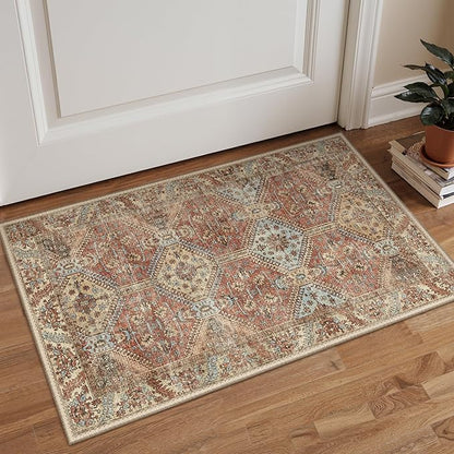 Bavni 2x3 Rugs for Entryway Indoor, Machine Washable Area Rug Non Slip, Vintage Distressed Throw Rugs, Ultra-Thin Small Entry Carpet, Low Pile Door Mat for Entrance, Bedroom, Kitchen, Bathroom, Spice