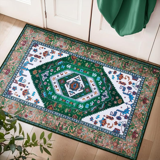SERISSA Boho Rugs for Entryway, 2x3 Washable Non-Slip Entryway Rug Small Area Rug, Ultra Soft Oriental Vintage Green White Low-Pile Indoor Door Mat Floor Carpet for Entrance Bedroom Kitchen Bathroom